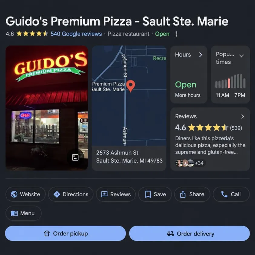 Google Business Profile for a pizza restaurant showing reviews, hours and a map