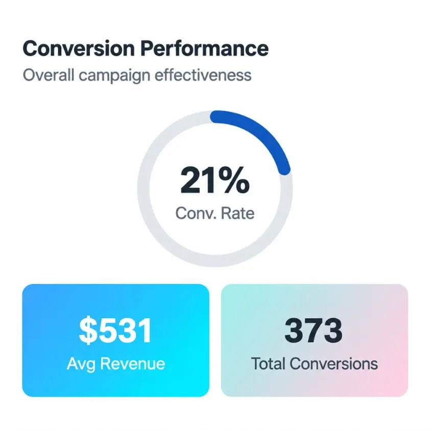 Campaign dashboard showing a 21% conversion rate and 373 total conversions