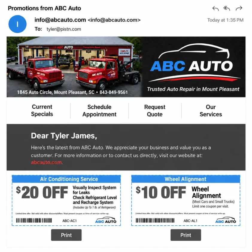 Promotional email from an auto shop with printable service coupons