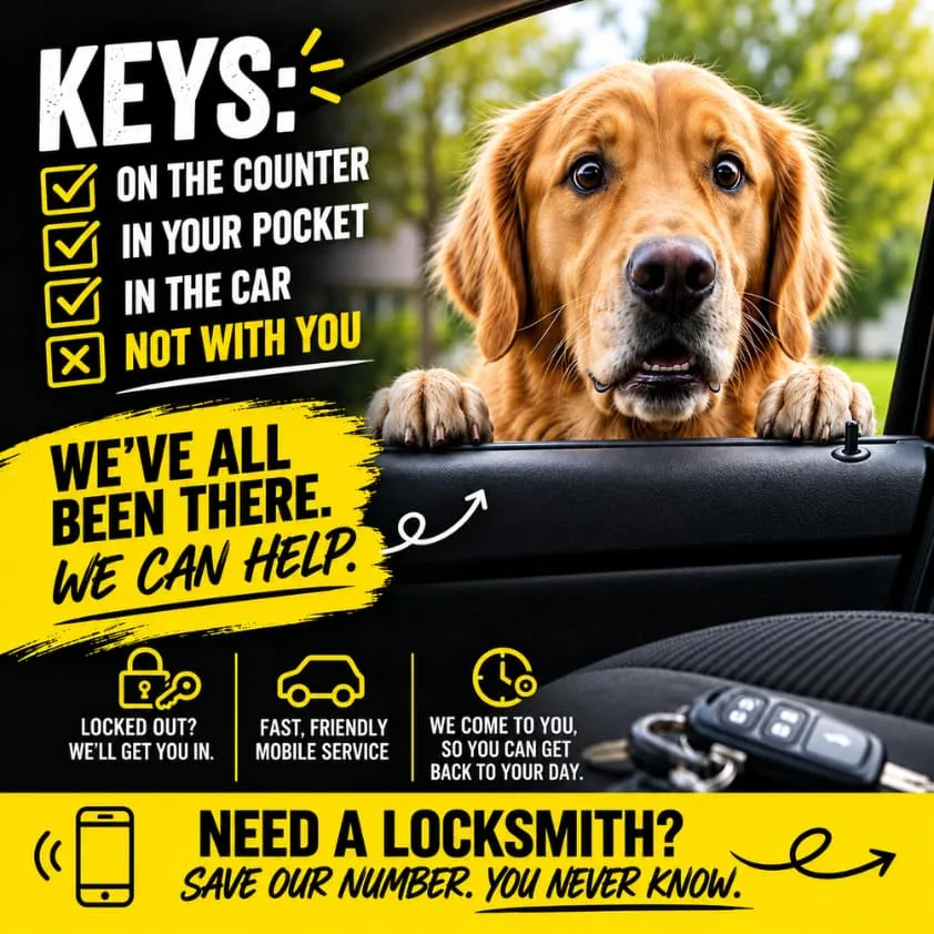 Social media post for a locksmith: a dog looking through a car window at keys left inside