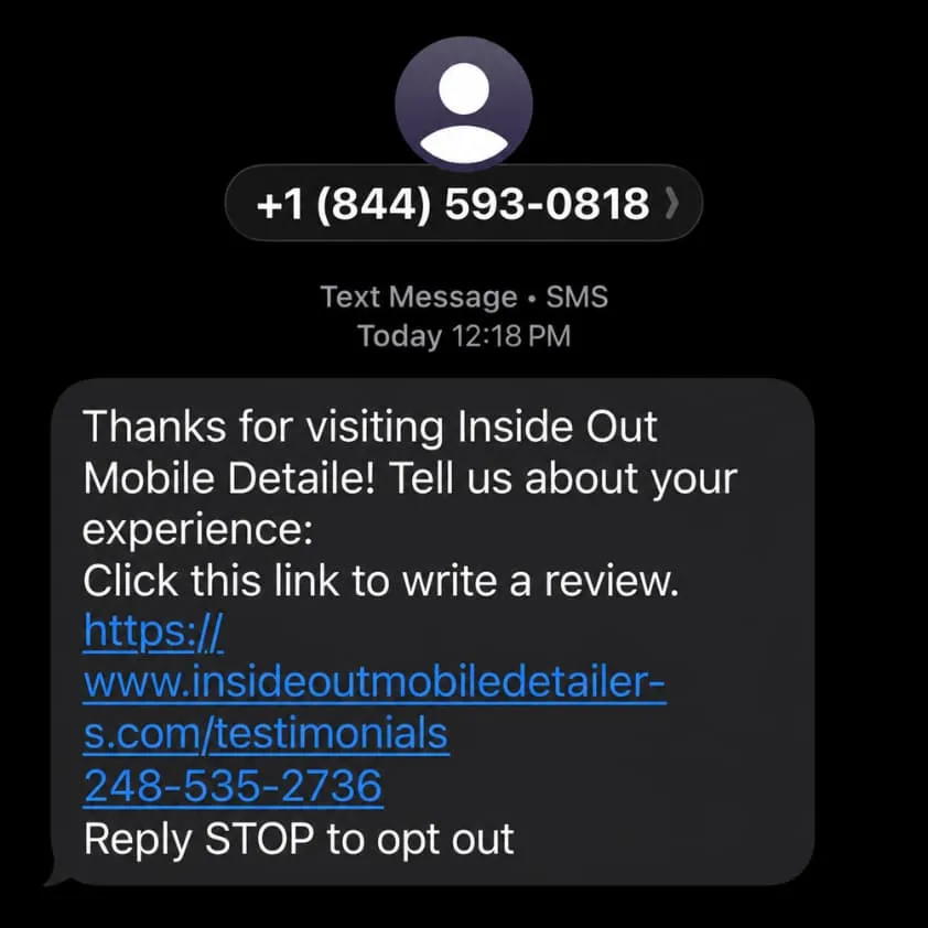 Text message from a detailing shop asking a customer to write a review